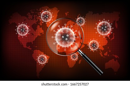 Coronavirus disease COVID-19 infection medical with magnifying glass on world map. New official name for Coronavirus disease named COVID-19, Coronavirus screening concept, vector illustration