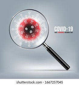 Doença por coronavírus COVID-19 infecção médica com lupa no mapa-múndi. Novo nome oficial para a doença de Coronavirus chamado COVID-19, conceito de triagem de coronavírus, ilustração vetorial