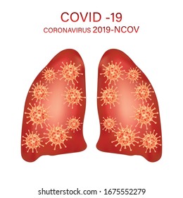 Coronavirus disease COVID-19 infection medical illustration. China pathogen respiratory influenza covid virus cells in lungs isolated on white background.