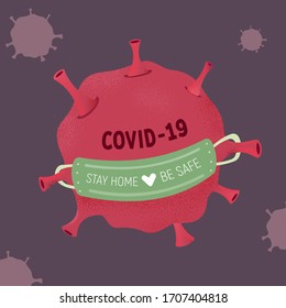 Coronavirus disease COVID-19 infection medical mask. Stay home. Respiratory influenza covid virus cells.  Dangerous virus vector illustration.