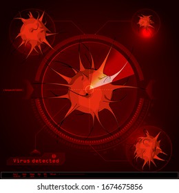 Coronavirus disease COVID-19 infection under abstract electronic microscope. Medical detection of a virus concept. Futuristic hud elements, vector illustration