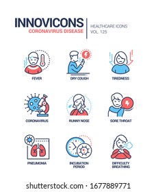 Coronavirus disease - line design style icons set. Fever, dry cough, tiredness, coronavirus, runny nose, sore throat, pneumonia, incubation period, difficulty breathing virus symptoms