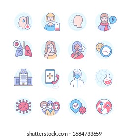 Coronavirus disease - line design style icons set. Fever, dry cough, tiredness, virus, runny nose, sore throat, difficulty breathing, pneumonia virus symptoms. Hospital, protective clothes images