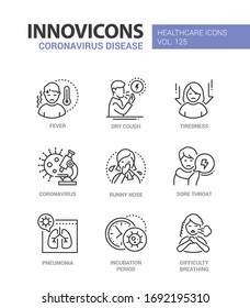 Coronavirus disease - line design style icons set. Fever, dry cough, tiredness, coronavirus, runny nose, sore throat, pneumonia, incubation period, difficulty breathing virus symptoms