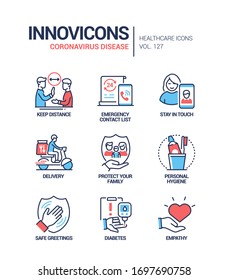 Coronavirus disease - line design style icons set. Keep distance, stay in touch with your close ones online, use delivery, protect your family, show empathy, maintain personal hygiene advice