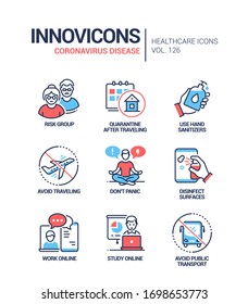 Enfermedad de Coronavirus - conjunto de iconos de diseño de línea. Grupo de riesgo, cuarentena después de viajar, usar un desinfectador, evitar viajar y el transporte público, no entrar en pánico, limpiar superficies, trabajar, estudiar consejo en línea