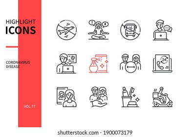Coronavirus disease - line design style icons set. Avoid traveling and public transport, do not panic, disinfect surfaces, work, study online, keep distance advice. Delivery, personal hygiene images