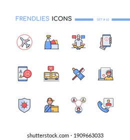 Coronavirus Disease - Line Design Style Icons Set. Avoid Traveling, No Panic, Work And Study Online, Disinfect Surfaces, Keep Distance, Emergency Contact List, Personal Hygiene, Use Delivery Advice