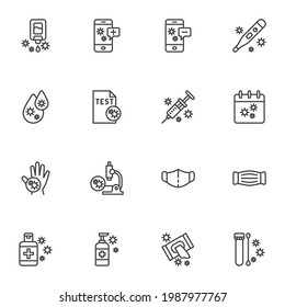 Coronavirus disease line icons set, outline vector symbol collection, linear style pictogram pack. Signs, logo illustration. Set includes icons as covid-19 test, vaccine, medical face mask, sanitizer