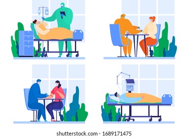 Coronavirus disease. New coronavirus COVID-19. Patients in ICUs. Coronavirus testing. Vaccination. People in protective suits and medical masks. Coronavirus treatment. Vector illustration