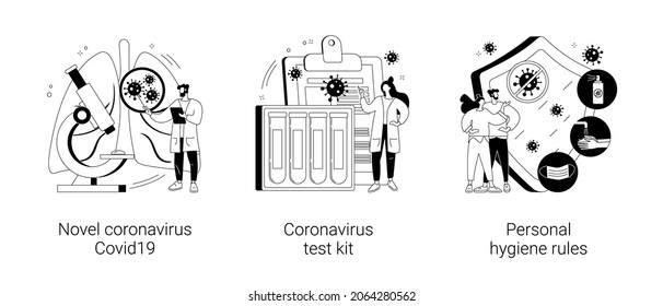 Coronavirus disease outbreak abstract concept vector illustration set. Novel coronavirus covid19 test kit, personal hygiene rules, covid diagnosis, wash hands, wear a mask abstract metaphor.