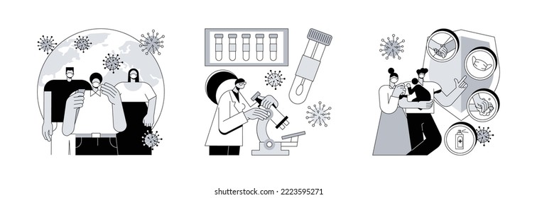 Coronavirus disease outbreak abstract concept vector illustration set. Novel coronavirus covid19 test kit, personal hygiene rules, covid diagnosis, wash hands, wear a mask abstract metaphor.