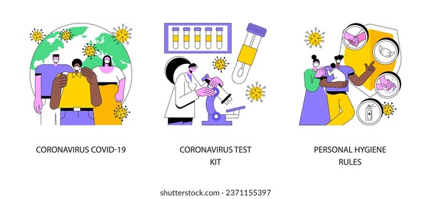 Coronavirus disease outbreak abstract concept vector illustration set. Novel coronavirus covid19 test kit, personal hygiene rules, covid diagnosis, wash hands, wear a mask abstract metaphor.