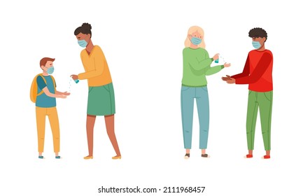 Medidas de prevención de la enfermedad de Coronavirus establecidas. Distancia social, con máscaras protectoras y ilustración vectorial de manos desinfectadas