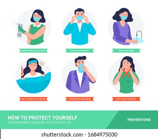 Coronavirus disease protection tips. Infographic with preventions. Set of isolated vector illustration in cartoon flat style.