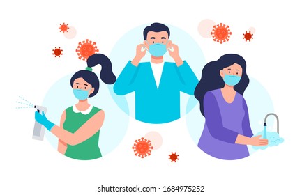 Coronavirus disease protection tips with wearing a face mask, sanitizing and washing hands. Health care concept. Vector flat illustration.