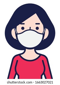 Coronavirus disease public awareness. Woman in white medical face mask. Woman protect herself against coronavirus (Covid-19) - vector character