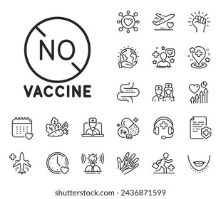Coronavirus disease sign. Online doctor, patient and medicine outline icons. No vaccine line icon. Pandemic infection symbol. No vaccine line sign. Veins, nerves and cosmetic procedure icon. Vector