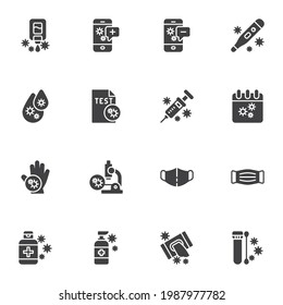Coronavirus disease vector icons set, modern solid symbol collection, filled style pictogram pack. Signs, logo illustration. Set includes icons as covid-19 test, vaccine, medical face mask, sanitizer