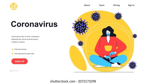 Coronavirus disease web banner concept. Woman in medical mask and gloves protects against viral infection, virus precautions landing page template. Vector illustration with people scene in flat design