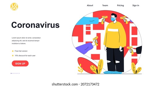 El concepto de banner web de la enfermedad de Coronavirus. Hombre que mide la temperatura con termómetro de mano infrarrojo, precauciones de virus, plantilla de página de aterrizaje. Ilustración de vectores con escenas de personas en diseño plano