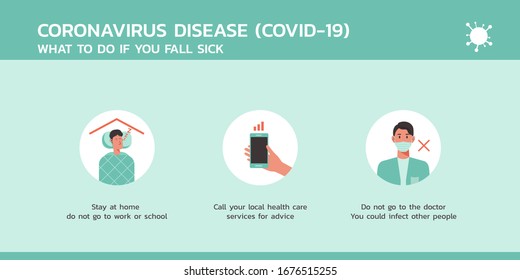 coronavirus disease what to do if you fall sick infographic concept, healthcare and medical about flu and virus prevention, flat vector symbol icon, layout, template illustration in horizontal design