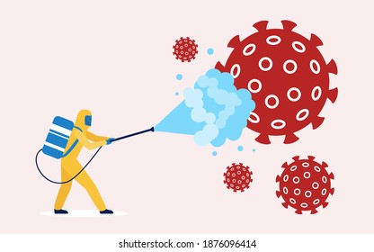 Coronavirus disinfection, clean and kill virus pathogen concept vector illustration. Cartoon worker with protective gear cleaning and disinfecting corona virus cells with disinfectant spray background