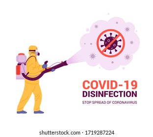 Coronavirus disinfection concept. Vector illustration of man in yellow hazmat suit with knapsack motor sprayer cleaning and disinfecting coronavirus. Isolated on white