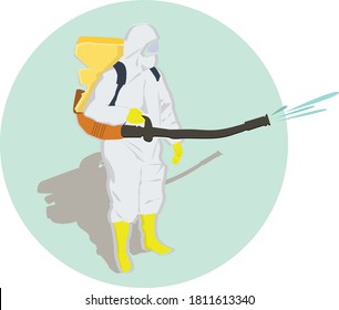 Coronavirus disinfection concept. Vector illustration of man in yellow hazmat suit with knapsack motor sprayer cleaning and disinfecting coronavirus. good for your design needs