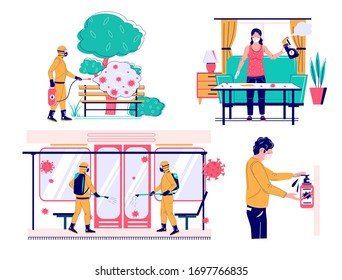 Coronavirus disinfection hygiene scene set, vector flat isolated illustration. People washing hands with soap, cleaning home and outdoor surfaces with disinfectants. Coronavirus disinfection services.