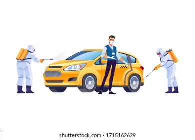 Coronavirus disinfection. Taxi driver in a protective mask and gloves. Covid-19 or Coronavirus pandemic protection. Cartoon style vector illustration isolated on white background.