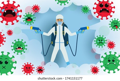 Coronavirus disinfection vector concept design. Front liner disinfector character disinfect covid-19 corona virus using anti-bacterial disinfectant spray for global health protection.