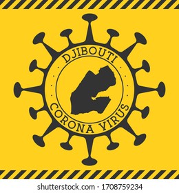 Coronavirus in Djibouti sign. Round badge with shape of virus and Djibouti map. Yellow country epidemic lock down stamp. Vector illustration.