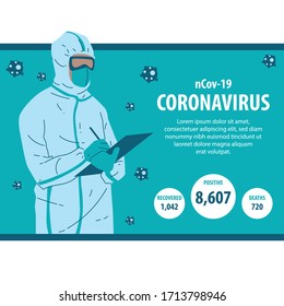 Coronavirus doctor explain cases - Infographic Cases of Coronavirus Disease, Illustration flat design doctor with wearing protective suit holding paper clipboard