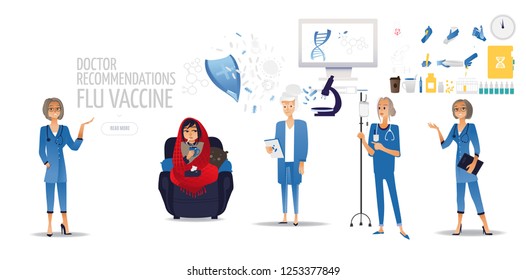 coronavirus - doctor in a robe with a flu vaccine and a girl in a red blanket with a tea mug on the sofa, a poster about the benefits of vaccinations. Shields protect against bacteria, test tubes.