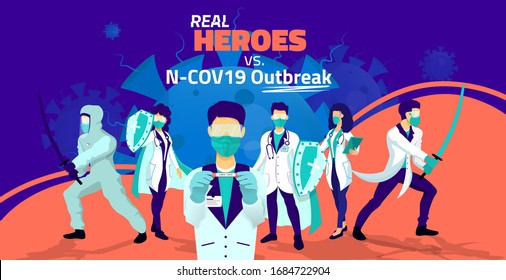 Coronavirus doctors team fight against pandemic. Doctor heroes battle versus corona virus ( Covid19 ) symptoms, disease, viral infection flat illustration concept. 