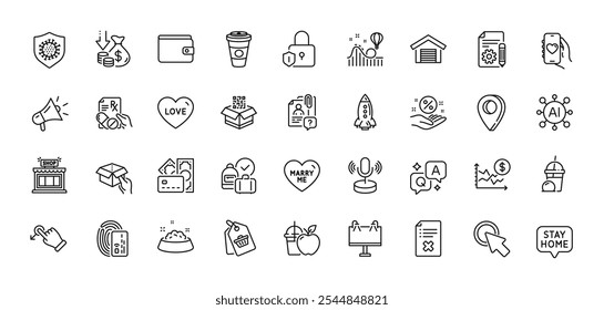 Coronavirus, Dog feeding and Stay home line icons pack. AI, Question and Answer, Map pin icons. Shop, Money, Search employee web icon. Loan percent, Microphone, Reject file pictogram. Vector