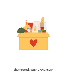 Coronavirus Donation Food. Donation Box With Heart. Box With Different Types Of Food Supplies. Vector Illustration