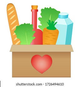 Coronavirus donation food. Donation box with heart. Box with different types of food supplies. Vector Illustration