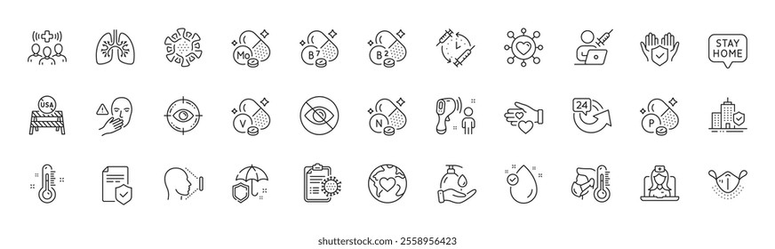 Coronavirus, Donation and Vanadium mineral line icons. Pack of Riboflavin vitamin, Telemedicine, Coronavirus report icon. Vaccination schedule, Biotin vitamin, Wash hands pictogram. Line icons. Vector