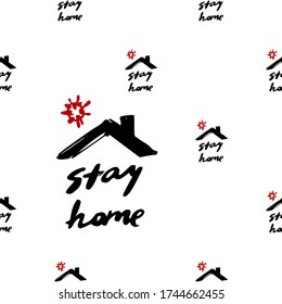 Coronavirus doodle seamless with stay home sign. Coronavirus vector illustration in sketch graffiti style. Wuhan home quarantine symbols on white background.