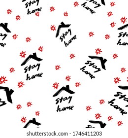 Coronavirus doodle seamless with stay home sign. Coronavirus vector illustration in sketch graffiti style. Wuhan home quarantine symbols on white background.