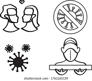 Coronavirus doodle set: couple in medical masks, stop covid-19, quarantine pizza delivery. People social distancing silhoette concept. Line vector illustration stay at home during pandemia.