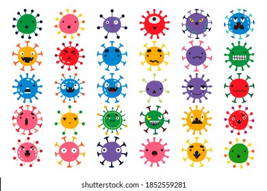 Juego de doodles de Coronavirus. Colección gráfica de coloridos virus espeluznantes bacterias cartoon personajes células aisladas en blanco. Ilustración de vectores de protección médica y de salud para impresión.
