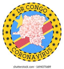 Coronavirus in DR Congo sign. Round badge with shape of DR Congo. Yellow country lockdown emblem with title and virus signs. Vector illustration.