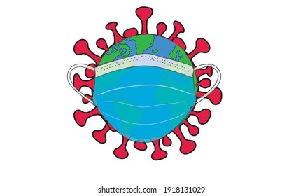 Coronavirus drawing planet Earth globe wearing mask