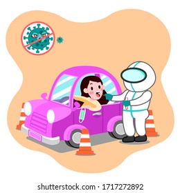 Coronavirus drive through testing site concept. Female driver. Vector illustration Flat. Covid-19, 2019-nCov