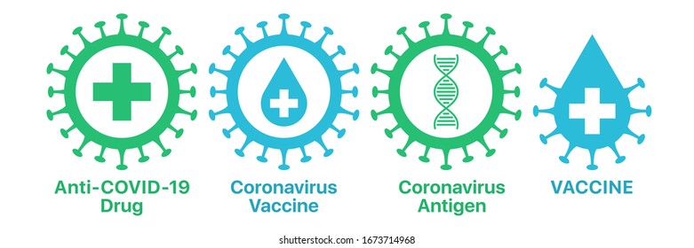 Medicamento de coronavirus y vacuna, conjunto de iconos. Antídoto para la epidemia global de infección por COVID-19, conjunto de signos médicos. Hospitalización y tratamiento de la pandemia del coronavirus, infección por virus