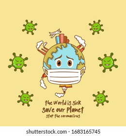 Coronavirus Earth With Mask Vector Icon Illustration. Icon Concept Flat Cartoon Style-01