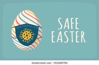 Coronavirus easter egg card. Vector illustraion with easter egg, covid-19 and medical mask. Safe holiday. For greeting card, promotion, poster, flyer, web banner, social media